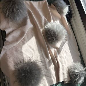 Cream stroller blanket with Gray Fur Pom Poms